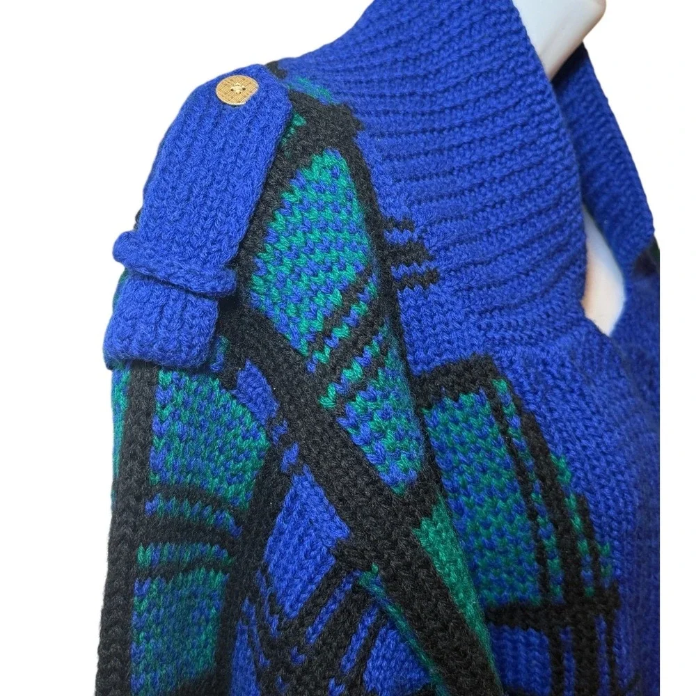 CARLISLE SPORT Plaid Wool Knit Sweater Jacket Blue Green Black Gold‎ Button M